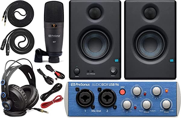 Presonus AudioBox 96 - Juego de interfaz de audio para estudio completo con software Studio One Artist con Eris 3, 5 pares de monitores de estudio y cable TRS a TRS de 1/4"