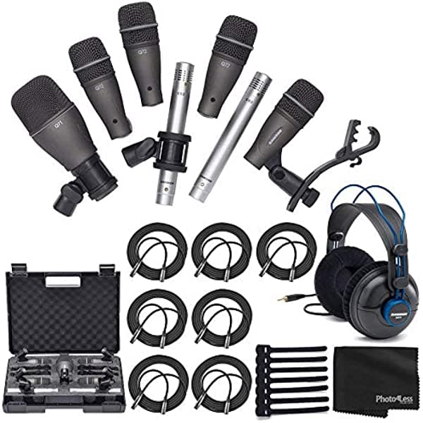 Samson DK707 - Kit de micrófono de tambor de 7 piezas + auriculares de estudio profesional Samson SR970 + cable de micrófono XLR 7 x 10 pies + 7 x ataduras de cables + paño de limpieza negro Photo4Less - Paquete de accesorios de lujo Samson DK707 Mic Set