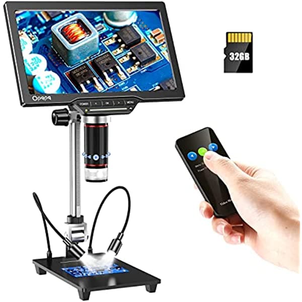 Microscopio digital con pantalla LCD de 10.1 pulgadas, Opqpq ODM202 1300X, microscopio de moneda 1080P para monedas de error, microscopio de soldadura con sensor de cámara de 16 MP para adultos, soporte de 10 pulgadas, 32 GB, HD TV/Windows/Mac compatible