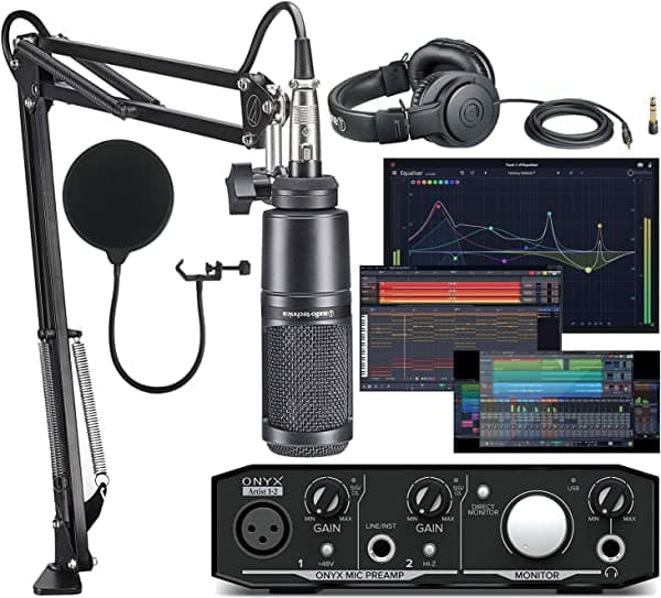 Mackie Onyx Artist 1-2 Interfaz de audio con Pro Tools Software de producción de música primero/Tracktion con Audio-Technica AT2020 Micrófono vocal Kit de brazo para grabación de estudio/streaming/podcasting