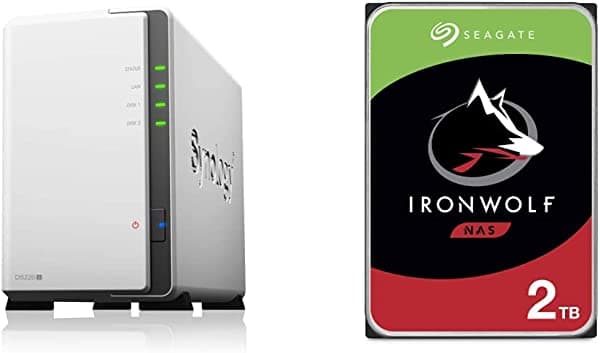 Synology DiskStation NAS DS220j de 2 bahías (sin disco), 512 MB DDR4 y Seagate IronWolf 2 TB disco duro interno HDD para NAS - Embalaje libre de frustraciones (ST2000VN004)
