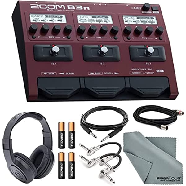 Photo Savings Zoom B3n - Pedal de procesador multiefectos para bajo eléctrico, con más de 60 efectos integrados, modelado de amplificador, efectos estéreo, Looper, sección de ritmo, afinador con paquete de auriculares, cables Xpix, tela FiberTique PS-ZB3N