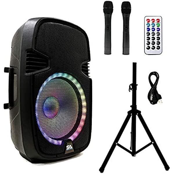 Seismic Audio - SA-KP15BAT - Altavoz DJ Karoake de 15 pulgadas con soporte, batería recargable, Bluetooth, luces LED, 2 micrófonos inalámbricos y control remoto