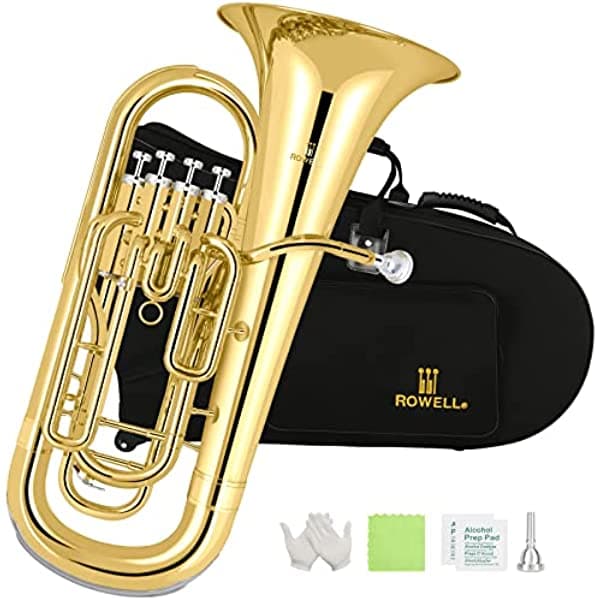 ROWELL Euphonium 4 válvulas Bb Latón Lacquer Oro 4 pistones de acero inoxidable Intermedio Avanzado Eufonio con guantes de estuche y paño de pulido