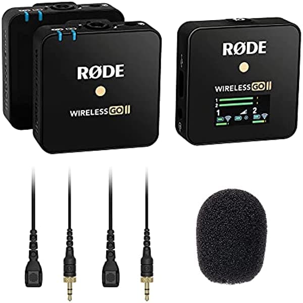 Rode Micrófonos inalámbricos GO II de doble canal con micrófono inalámbrico con 2 micrófonos lavalier II omnidireccional y 3 protectores de espuma Wireless GO II