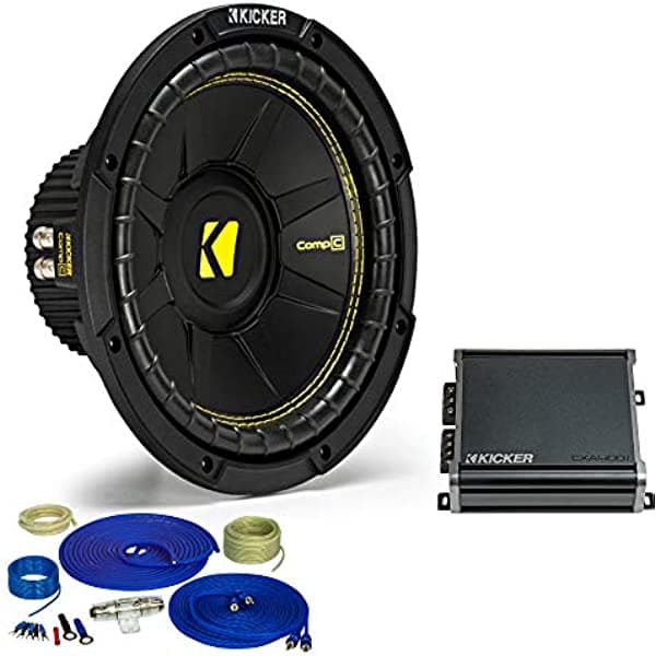 Kicker Paquete de graves de 10 pulgadas, un subwoofer 44CWCD104 con CXA4001 y kit de cables de amplificador KICKERBDL191118-06