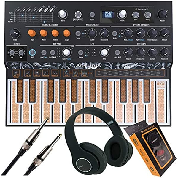 Sintetizador híbrido de Arturia MicroFreak de 25 teclas parafónicos híbridos de hardware con teclado plano Poly-aftertouch, Wavetable con soporte de teléfono por gravedad, auriculares Bluetooth y cable EMB