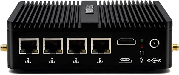 FANPEEC 4 LAN Mini Firewall PC sin ventilador industrial PC Windows 10 Pro Celeron J4125 4GB RAM 128GB SSD, computadora de escritorio con WiFi, BT, COM, HD, ranura SIM, compatible con AES-NI, OPNsense, RTC H3-J4125-4L