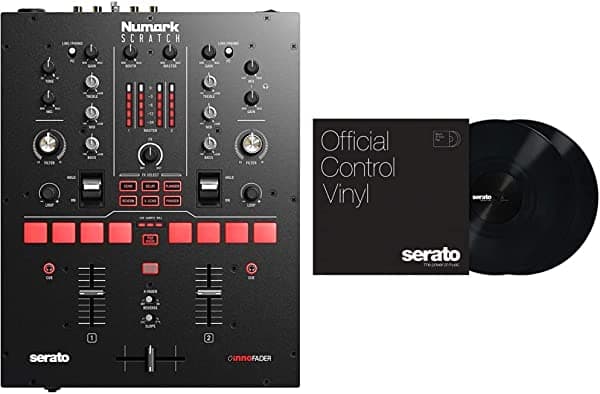 Numark Scratch | Mezclador de doble canal DJ Scratch para Serato DJ Pro (incluido) con Innofader Crossfader, 6 selectores de efectos de acceso directo y Serato Control de vinilo Negro, 12" par (SCV-PS-BLK-OJ)