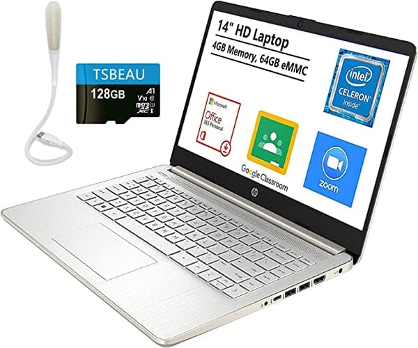 HP Stream 14" Nontouch Laptop, Intel Celeron N4020 4GB 64GB, Windows 10 Home in S Mode, Microsoft 365 One Year Included, Online Class Ready, Pale Gold, Bundled TSBEAU 128 GB Micro SD Card&LED Light HP Laptop