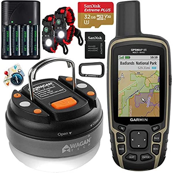 Garmin GPSMAP 65 navegador GPS para exteriores con mapas de Estados Unidos y Canadá, GNSS satélite multibanda robusto, bundle con Deco Gear pulsera de emergencia 2 unidades + linterna LED de camping + kit de batería recargable AA E1GRGPSMAP65
