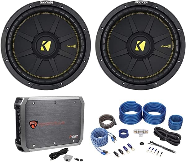 Zotoyi (2) Kicker 44CWCD124 CompC 12" 1200w DVC 4-Ohm Subs+Mono Amplificador+Amp Kit (2) 44CWCD124+RXD-M1+RWK41