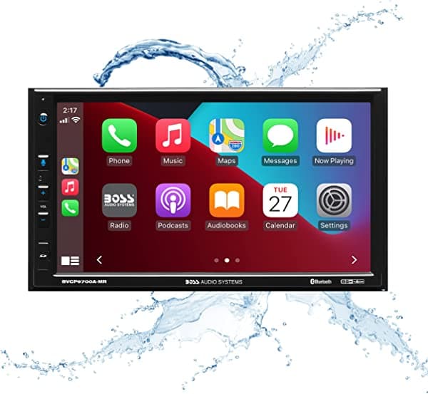 BOSS Audio Systems BVCP9700A-MR Marine Boat - Sistema de sonido estéreo - Apple CarPlay, Android Auto, 7 pulgadas doble DIN, pantalla táctil, unidad principal de audio y llamadas, receptor de radio, sin reproductor de CD