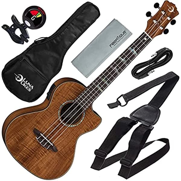 Luna Ukulele Concierto Koa alta marea con preamplificador y afinador de clip, paquete de accesorios UKE HTC KOA_D