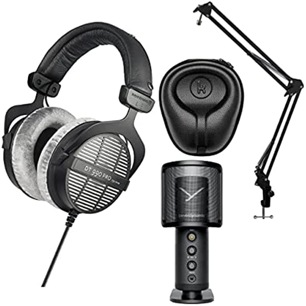 Beyerdynamic DT-990 Pro Auriculares Abiertos (Grises, 250 Ohms) con Micrófono de Estudio, Soporte y Estuche (4 Ítems) 459038-DT990PRO_K4