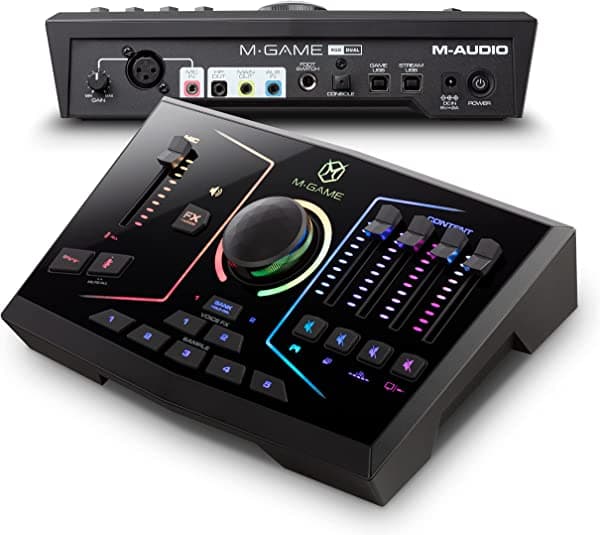 M-Game Mezclador de interfaz de audio USB dual RGB para transmisión y juegos con micrófono XLR, entrada óptica, FX de voz, muestra, luces RGB y software RGB Dual