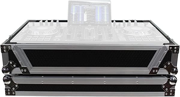ProX Flight XS-PRIME4W - Funda para sistema de DJ independiente Denon Prime 4 con ruedas, diseño de color plateado sobre negro