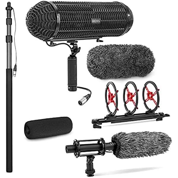 Movo kit de grabación de sonido en locación con micrófono blimp, cables XLR y extensión de pértiga - Micrófono shotgun cardioide para cámara - Cable de micrófono XLR para grabadoras de audio - Paquete de micrófono de pértiga