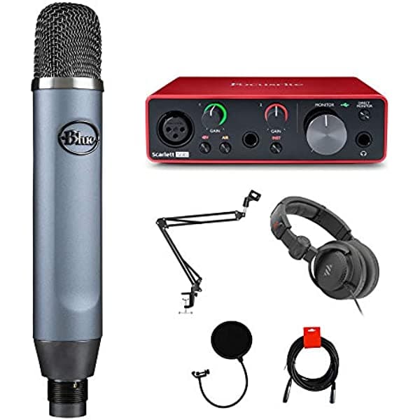 Blue Microphones Ember Condenser Mic Bundle con Focusrite Scarlett Solo 3ª generación de interfaz de audio, auriculares, soporte, filtro pop y cable XLR 1547