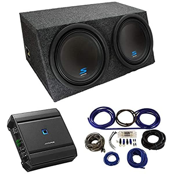 American Sound Connection Caja para subwoofer sellada doble 12" Alpine tipo S S-W12D2 universal para auto con amplificador S-A60M y kit de amplificador 4GA ALPINE-PACK122A-AMP