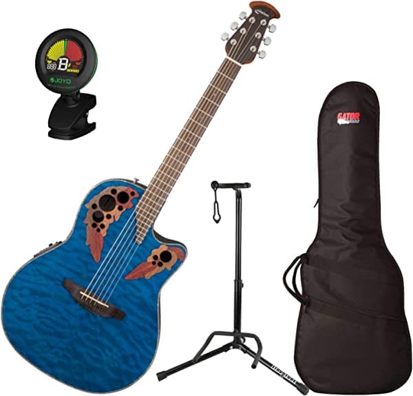 Artist Unknown Ovation CE44P-8TQ Celebrity Elite Plus mid-depth electroacústica con gig bag, soporte de guitarra, color azul transparente y afinador CE44P8TQ BUNDLE