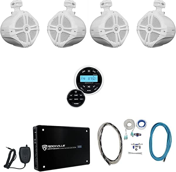 Rockville RGHR2 receptor Bluetooth Marina+Remoto+(4) 8 "Wakeboards+Amplificador+Kit RGHR2+(2) RWB80W+RXM-F3+RMWK4+MRCA20