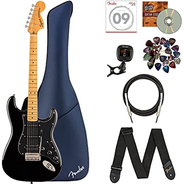 Fender Squier Classic Vibe '70s Stratocaster HSS - Paquete de nogal con funda acolchada, cable de instrumento, afinador, correa, cuerdas, púas y DVD instructivo de Austin Bazaar AUS-0374023506-COMBO-DLX-V2