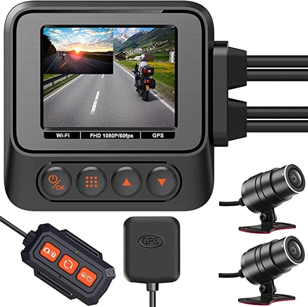 ZOMFOM MD20 - Dash cam impermeable para motocicleta 2K 30 fps, 1080P 60 fps, pantalla LCD de 2 pulgadas, cámaras frontal y trasera gran angular de 150° con soporte de metal, GPS, control remoto con cable, soporta hasta 256 GB