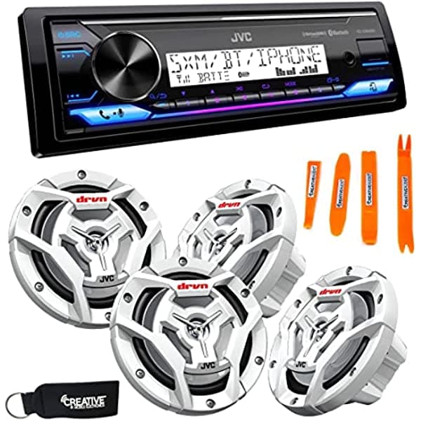 JVC KD-X37MBS receptor digital marino con BT, USB, XM Ready, Amazon Alexa + 2 pares de parlantes marinos CS-DR6201MW de 6.5" blancos
