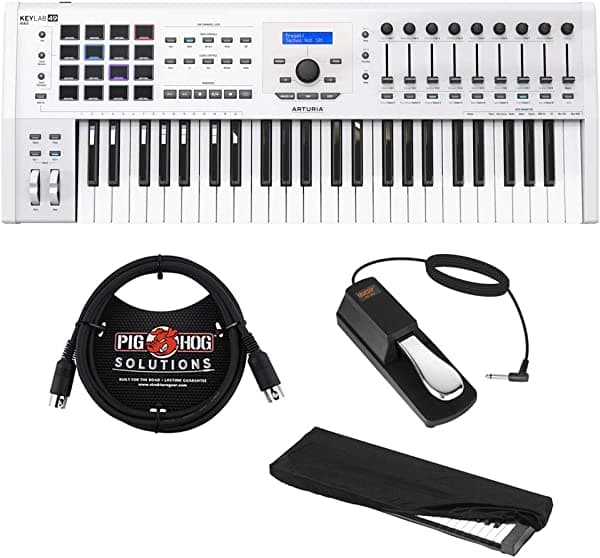 Arturia KeyLab MKII 49 controlador MIDI profesional y software (blanco) con cable MIDI de 5.9 ft, pedal de sustain y cubierta antipolvo para teclado (pequeño) KEYLAB MKII 49 - WHITE