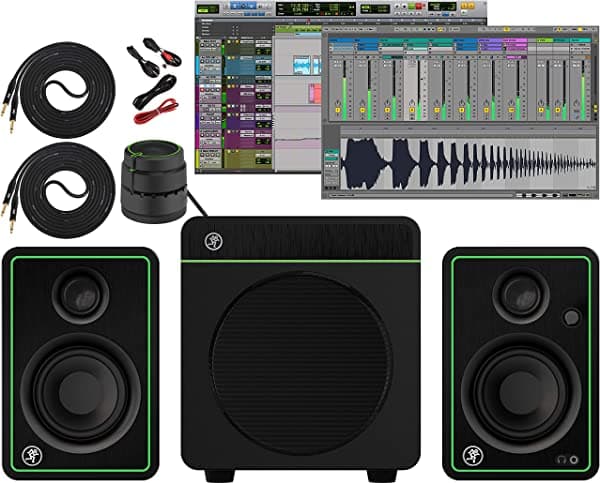 Mackie Subwoofer multimedia de referencia creativa Bluetooth de 200 W con controlador de volumen de escritorio con monitores de estudio CR3-X con kit de cable profesional con software de edición de música