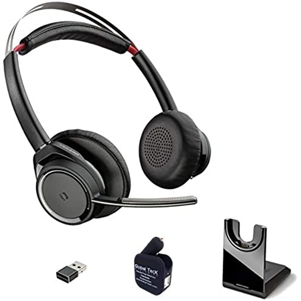 Global Teck Worldwide GTW Voyager Focus UC B825 Auriculares Bluetooth con micrófono 202652-01-BC, Dongle USB Bluetooth, teléfonos inteligentes, PC, MAC, Tablet - Zoom, Teams, Skype, Fuze, RingCentral, cargador de alimentación USB combinado