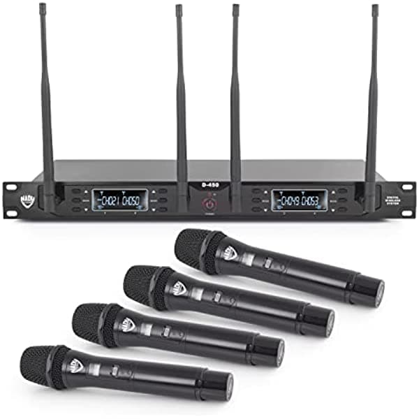 Nady Systems D-450-HT - Receptor cuádruple, sistema de micrófono inalámbrico digital de mano de 200 canales, micrófonos y receptor totalmente metálicos, 48 kHz/24 bits, rango de 300 pies, 4 salidas XLR individuales y 1 suma ¼ de salidas