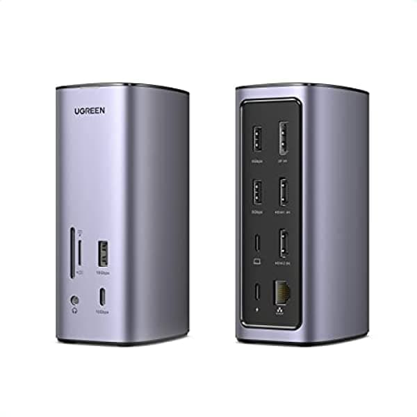 UGREEN Estación de acoplamiento con pantalla triple, estación de acoplamiento USB C MacBook 12 en 1 con 2 HDMI DP 8K, USB C de 10 Gbps y datos USB-A, carga PD de 100 W, Ethernet, audio, lector de tarjetas SD TF para Mac OS, Windows 90325