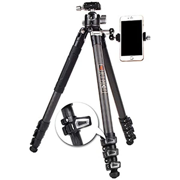 Trípode de fibra de carbono para fotografía, trípode de cámara resistente para DSLR, soporte de trípode de viaje profesional para observación de aves con brazo mágico, soporte de teléfono como regalo, carga máxima de 44 libras/44.1 lbs, 1.142 in, tubo de pierna Besnfoto BX-T2130LEG
