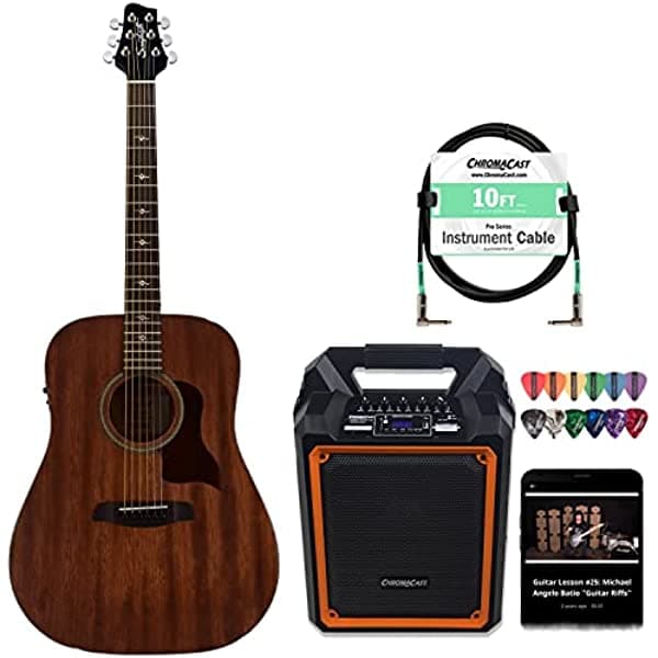 Sawtooth Mahogany Series Dreadnought - Guitarra electroacústica con amplificador de 60 W con parlante, cable y púas ST-MH-AED-KIT-2