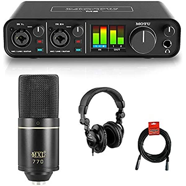 Motu M2 2x2 - Interfaz de audio USB con micrófono cardioide MXL 770 (negro), auriculares HPC-A30 para monitor de estudio y cable XLR