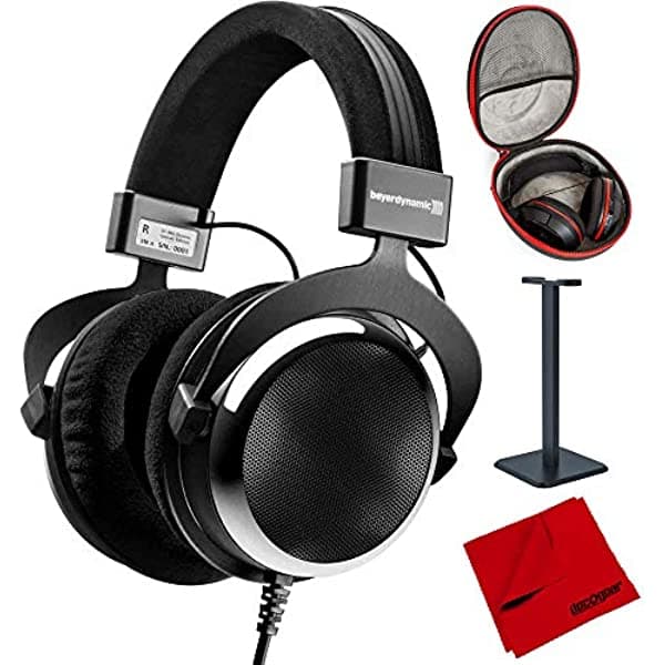 BeyerDynamic DT 880 Premium Special Edition Chrome Version 250 ohm (717258) con funda para auriculares de tamaño completo, soporte para auriculares y paño de limpieza de microfibra E5BEYDT880250CHRM