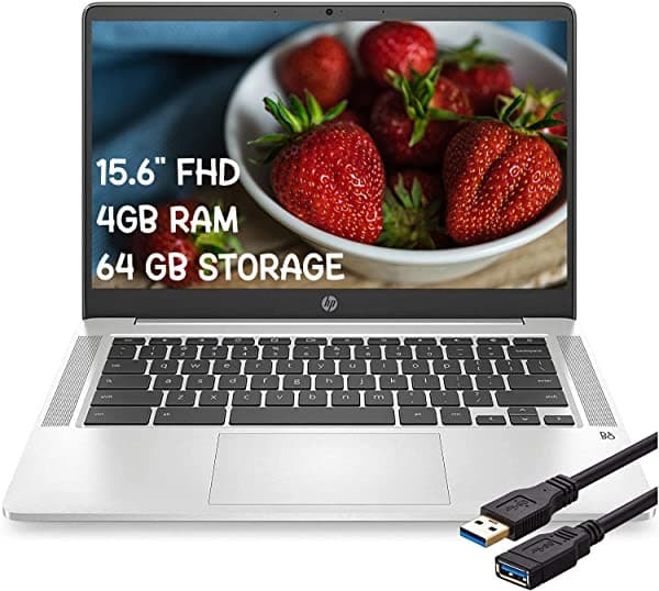 HP Chromebook 14 tope de gama, Notebook 14" FHD pantalla IPS Intel Celeron N4000 4GB RAM 64GB eMMC Intel UHD Graphics 600 B&O cámara web WiFi Chrome OS (Plata) + extensor USB iCarp
