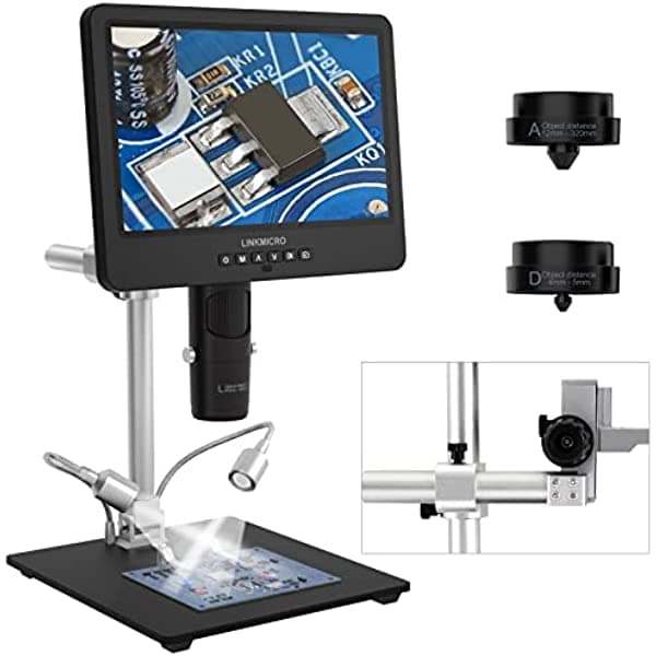 LINKMICRO LM249MS - Microscopio digital HDMI de 10 pulgadas 2000X 3 lentes, microscopio de soldadura electrónica, cámara de microscopio de soldadura de 13 pulgadas, soporte de brazo de 13 pulgadas, luces laterales, UHD 2160P USB moneda microscopio de visión completa, monedas compatibles con Windows