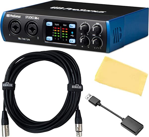 PreSonus Studio 26c paquete de interfaz de audio 2x4 con cable XLR, adaptador USB-C y paño de pulido Austin Bazaar AUS-STUDIO26C-COMBO-STD