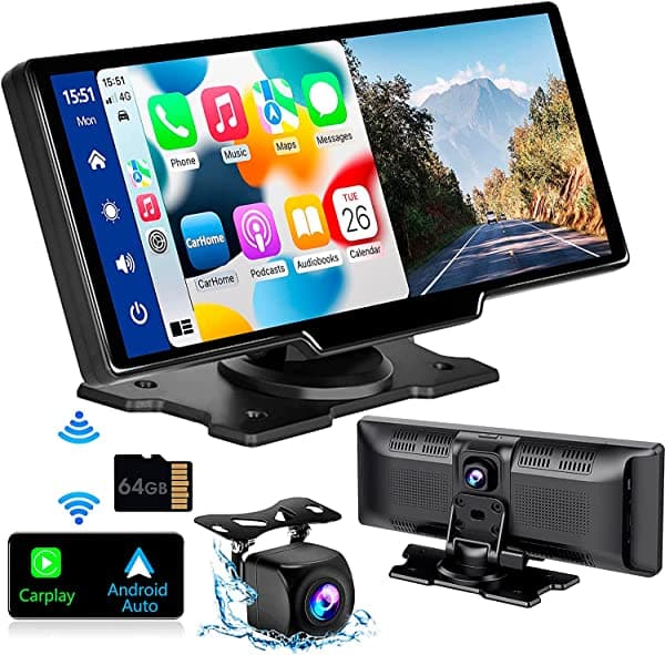 Trumsey Dash cam portatil integrada de 2.5K para auto, pantalla IPS HD de 9.3 pulgadas, CarPlay inalambrico y Android Auto, grabacion de bucle frontal y trasero, camara de retroceso 1080p DVR, Bluetooth, receptor de radio para auto KC-DVR-T-P08-B