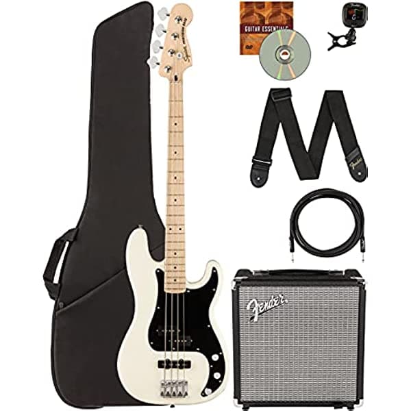 Fender Squier Affinity Precision Bass PJ - Paquete blanco olimpico con amplificador Rumble 15, cable de instrumento, funda acolchada, afinador, correa y DVD instructivo de Austin Bazaar 378553506