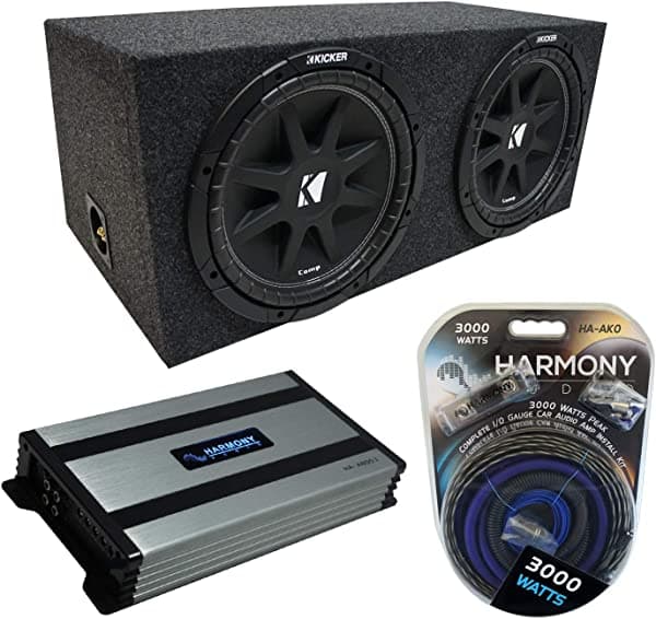 Harmony Audio Kicker Bundle compatible con vehículos universales CompC Dual 12 pulgadas con amplificador de subwoofer HA-A800.1 de 1600 vatios KICKER16-PACK1873-H