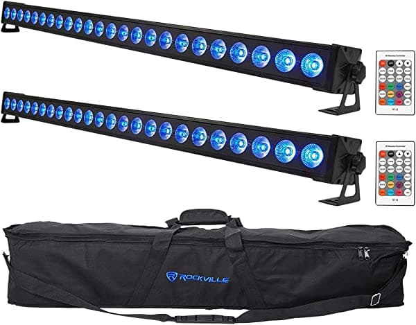 2 barras de luz de lavado Rockville con 24 pilas recargables RGBW DMX DJ+bolsa de transporte (2) BATTERY STRIP 24+RLB60