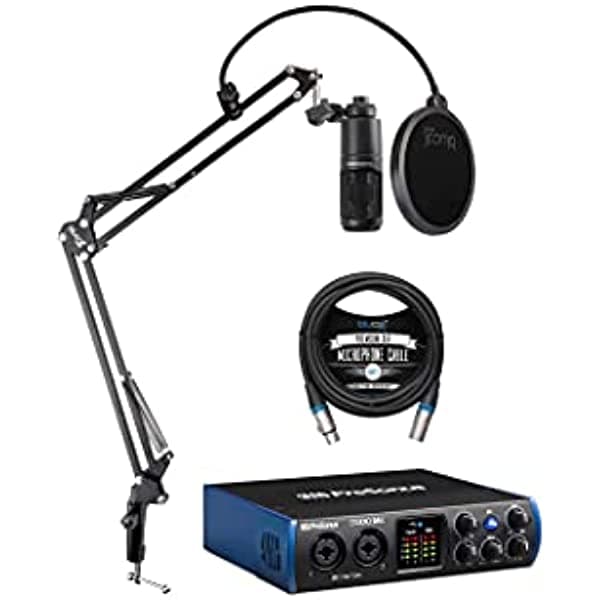 PreSonus Studio 24c 2x2 192 kHz - Kit de interfaz de audio USB con microfono de condensador Audio Technica AT2020, brazo articulado (boom) Blucoil, filtro pop y cable XLR balanceado de 10 pies A1441