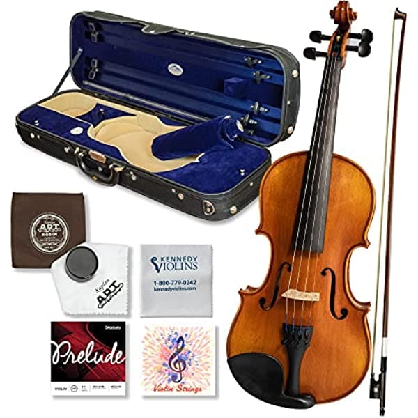 Kennedy Violins Louis Carpini G2 - Conjunto de violín de tamaño completo 4/4, funda de transporte y accesorios incluidos, de madera de arce macizo de la más alta calidad y accesorios de ébano
