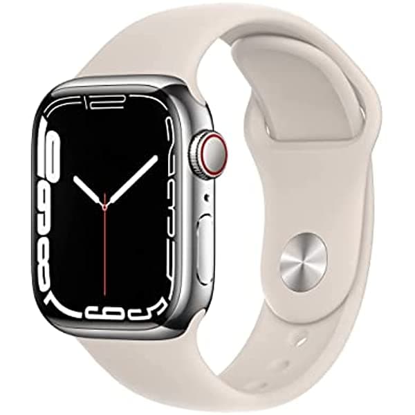Amazon Renewed Apple Watch - Serie 7 con GPS + celular y caja de acero inoxidable plateada de 1.61 pulgadas (41mm) con correa deportiva Starlight, tamaño regular Apple Watch series 7