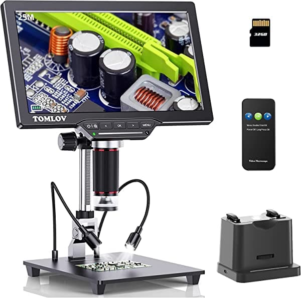 TOMLOV DM202 Max Microscopio digital 1300x, HDMI LCD Microscopio con pantalla, luz transmitida inferior, microscopio de soldadura de 25MP con luces, microscopio de video, vista moneda completa, compatible con PC/TV, 32GB
