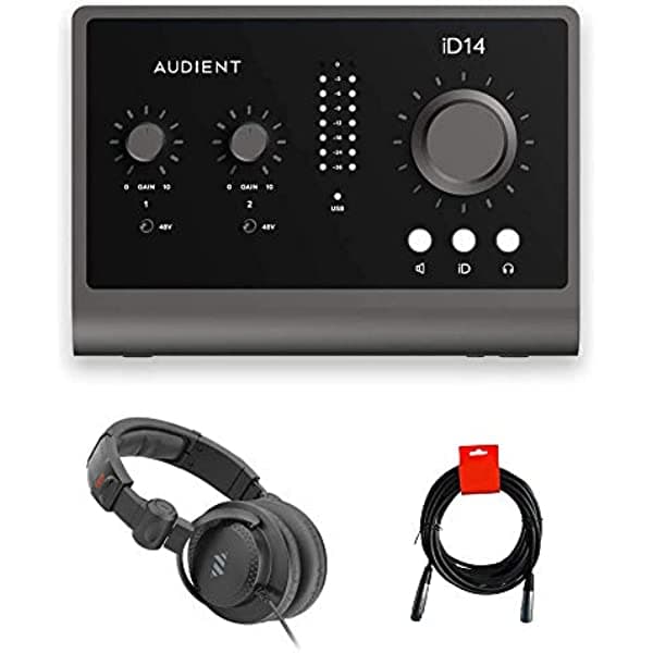 Audient ID14 MKII 2 canales USB 2 interfaz y paquete de monitoreo con auriculares de estudio y cable XLR iD MKII
